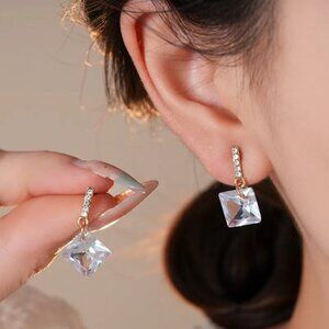 3/$35 Square Clear Cubic Zirconia Gold Tone Dangle Drop Earrings Diamond Crystal